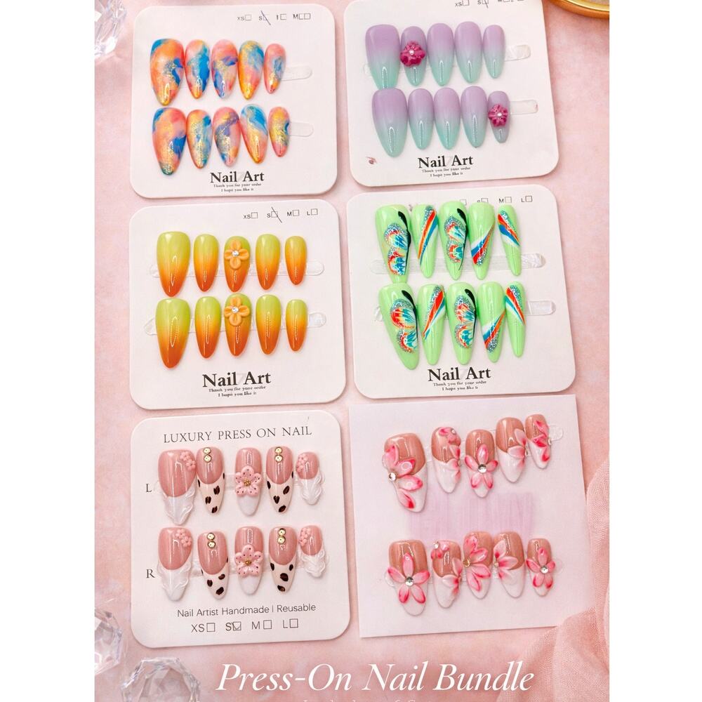 Press-On Nail Bundle – 6 Unique Sets | Handmade & Reusable - Size Small